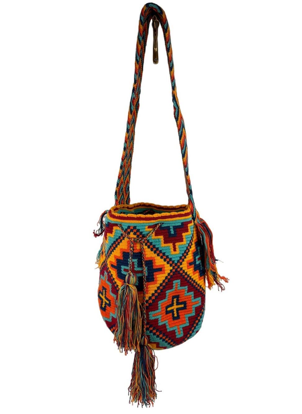Colombian Wayuu Mochila Crochet Macrome Fringe Drawstring Bucket Crossbody Bag